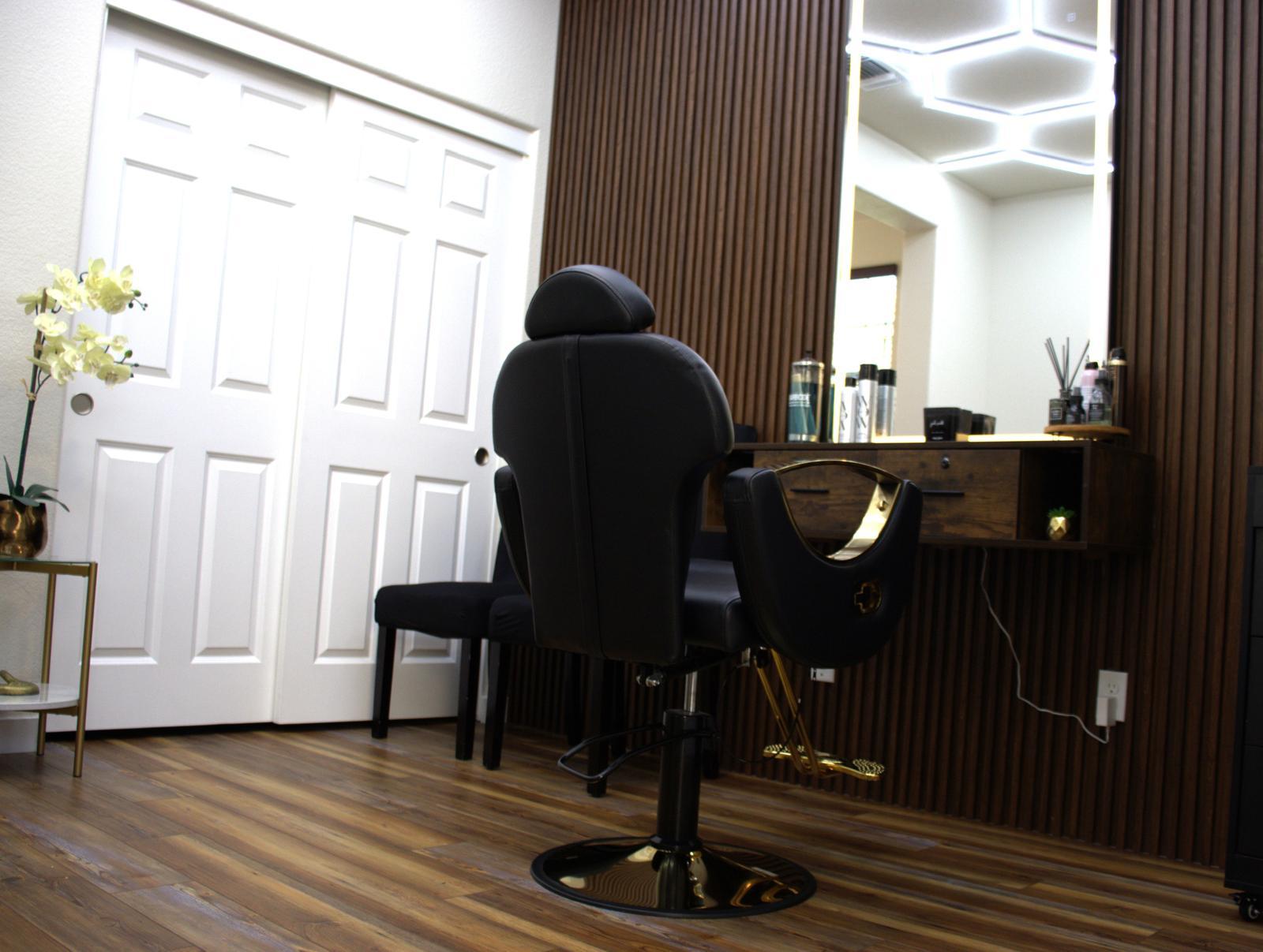 Cali Beauty Loft — salon chair with hexagonal lit mirror