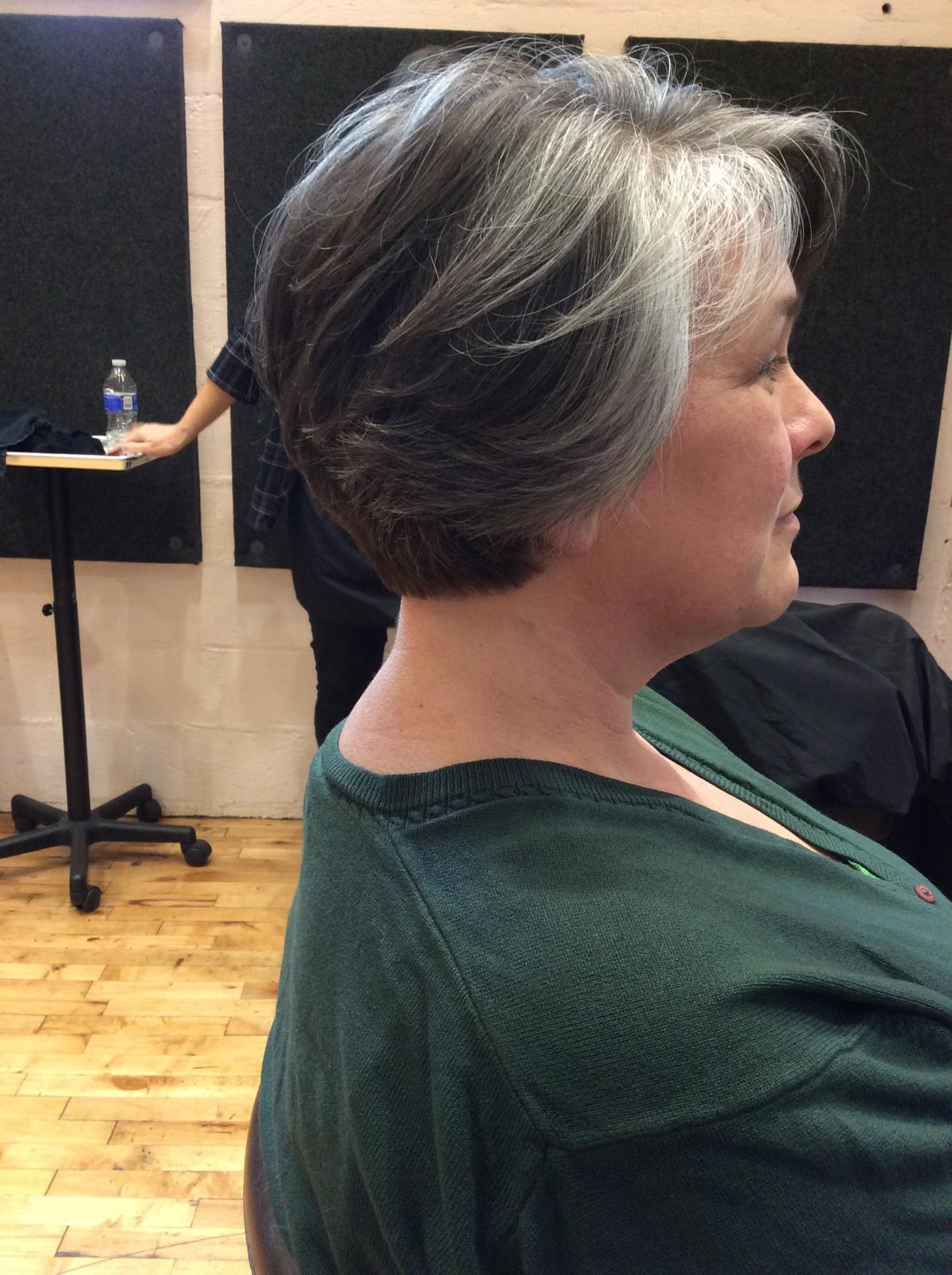 Silver pixie cut — precision styling