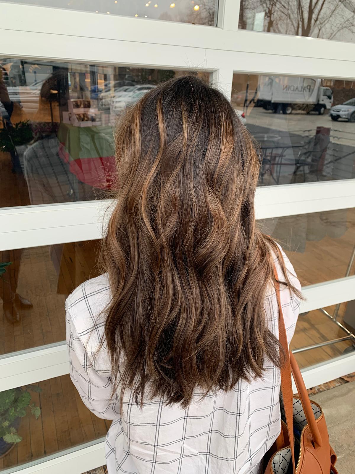 Long brunette hair with caramel highlights